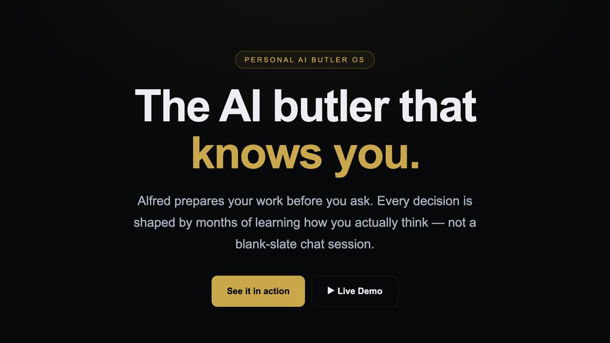 Alfred 產品頁截圖：標語「The AI butler that knows you.」