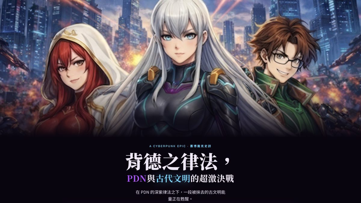 《パンドロニア》閱讀站主視覺：三位角色插畫與副標「背德之律法，PDN 與古代文明的超激決戰」